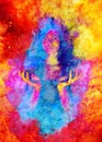 Beautiful mysterious girl in cosmic space and Softly blurred watercolor background.