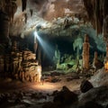 Beautiful mysterious karst cave, stalactites, stalagmites, calcareous outgrowths and scenery,