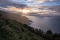 Beautiful mysterious mystical seascape landscape in sunset colourful sky on atlantic coastline Royalty Free Stock Photo