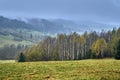 A beautiful mysterious view of the forest in the Bieszczady mountains Poland on a misty autumn day Royalty Free Stock Photo