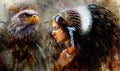 Beautiful mystic painting of a young indian woman with eagle and feather headdress, profile portrait, abstract background