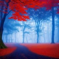 Beautiful mystical forest in blue fog in autumn. Colorful landscape with enchanted trees with orange and red leaves Generative AI Royalty Free Stock Photo