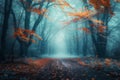 Beautiful mystical forest in blue fog in autumn. Colorful landscape with enchanted trees with orange and red leaves. Scenery with Royalty Free Stock Photo