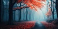 Beautiful mystical forest in blue fog in autumn. Colorful landscape with enchanted trees with orange and red leaves. Scenery with Royalty Free Stock Photo