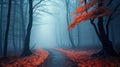 Beautiful mystical forest in blue fog in autumn. Colorful landscape with enchanted trees with orange and red leaves. Scenery with Royalty Free Stock Photo