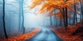 Beautiful mystical forest in blue fog in autumn. Colorful landscape with enchanted trees with orange and red leaves. Scenery with Royalty Free Stock Photo