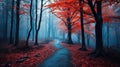 Beautiful mystical forest in blue fog in autumn. Colorful landscape with enchanted trees with orange and red leaves. Scenery with Royalty Free Stock Photo