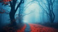 Beautiful mystical forest in blue fog in autumn. Colorful landscape