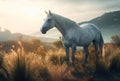 Beautiful mystical horse on morning sunrise landscape. Generate ai