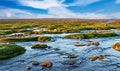 Beautiful mystical lakescape with many green moss covered rocks and stones in the evening sun - Myvatn lake, Iceland highlands