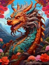 A beautiful mythical green dragon, chinese zodiac, with flowers arounds, in bold painting, psychedelic graohic design, animal art