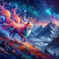 A beautiful mythical spirit beasts of fox, in a mountain at spring night, with stars, flower, digital painting art