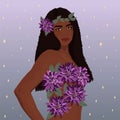 Beautiful naked African black woman in dahlia flowers.