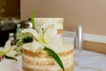 Beautiful naked cake with cream and white lily Royalty Free Stock Photo