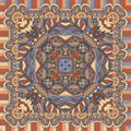 Beautiful napkin or bandana print with abstract ornament in ethnic style with striped border