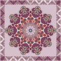 Beautiful napkin or square carpet with purple flower mandala and ornamental frame