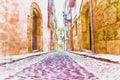 Beautiful narrow alley in the old town of spain, watercolor pain