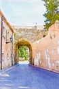 Beautiful narrow alley in the old town of spain, watercolor pain