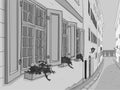 Beautiful narrow city street with flowers window boxes. Hand drawn sketch. Grayscale illustration