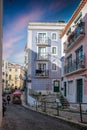 Beautiful narrow streets, houses and shops in the old town of Alfama. Mediterranean, Lisbon, Portugal