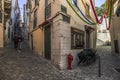 Beautiful narrow streets, houses and shops in the old town of Alfama. Mediterranean, Lisbon, Portugal