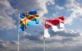 Beautiful national state flags of Singapore and Aland Islands together at the sky background