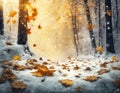 Beautiful natural autumn background with forest and falling orange leafs, snow, AI Royalty Free Stock Photo
