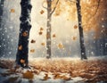 Beautiful natural autumn background with forest and falling orange leafs, snow, AI Royalty Free Stock Photo