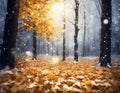 Beautiful natural autumn background with forest and falling orange leafs, snow, AI Royalty Free Stock Photo