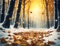 Beautiful natural autumn background with forest and falling orange leafs, snow, AI Royalty Free Stock Photo