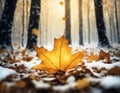 Beautiful natural autumn background with forest and falling orange leafs, snow, AI Royalty Free Stock Photo