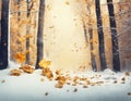 Beautiful natural autumn background with forest and falling orange leafs, snow, AI Royalty Free Stock Photo