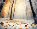 Beautiful natural autumn background with forest and falling orange leafs, snow, AI Royalty Free Stock Photo