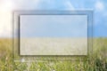 Beautiful natural background with frame and empty place for text, copy space. Green meadow, grass and blue sky, blurred natural Royalty Free Stock Photo