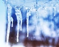 natural background with shiny transparent icicles hanging from the roof on a spring Sunny day Royalty Free Stock Photo