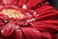 Beautiful natural background. Summer, spring concepts. Big beautiful water drops on fresh red Gerber flower on dark background Royalty Free Stock Photo