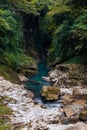 Beautiful natural canyon with view of the mountain river, christal blue water, green tree, Summer day time. Travel and active life Royalty Free Stock Photo