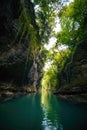 Beautiful natural canyon with view of the mountain river, christal blue water, green tree, Summer day time. Travel and active life Royalty Free Stock Photo