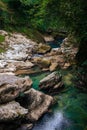 Beautiful natural canyon with view of the mountain river, and rocks, christal blue water, green tree, Summer day time. Travel and Royalty Free Stock Photo