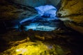 Beautiful natural cave. Cascades of underground lakes in Nizhneshakuranskaya cave, Abkhazia, Georgia