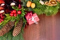 Beautiful natural christmas decoration with spruce cone and branch on the table stock images Royalty Free Stock Photo