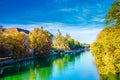 View on beautiful natural landcape of Isar river in Munich, Germany