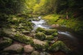 Beautiful natural landscape in Bavarian forest with greenery and River Wolfensteiner Ohe in Germany