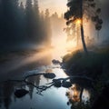 Beautiful natural landscape, early morning, dawn, forest, fog over Royalty Free Stock Photo