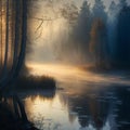 Beautiful natural landscape, morning, dawn, forest, fog over the river Royalty Free Stock Photo