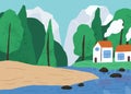 Beautiful natural landscape with forest, mountain, river and countryside houses vector flat illustration. Colorful rural Royalty Free Stock Photo