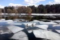 Natural landscape with ice floes adrift on the spring river and forest trees on opposite bank under clouds on blue sky reflected i Royalty Free Stock Photo