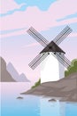 Beautiful natural landscape with a mill, river and mountains.Vector illustration