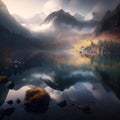 Beautiful natural landscape mountain lake, early morning, dawn, forest, fog over Royalty Free Stock Photo