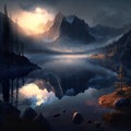 Beautiful natural landscape mountain lake, early morning, dawn, forest, fog Royalty Free Stock Photo